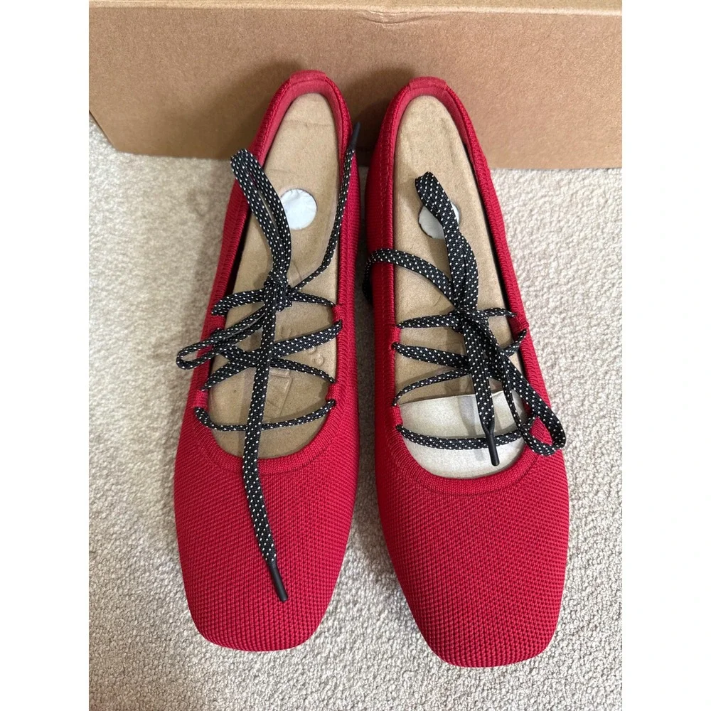 Vivaia Red Square Toe Knit Ballet Flats Lace Up Polka Dot size‎  EU/39 US/8